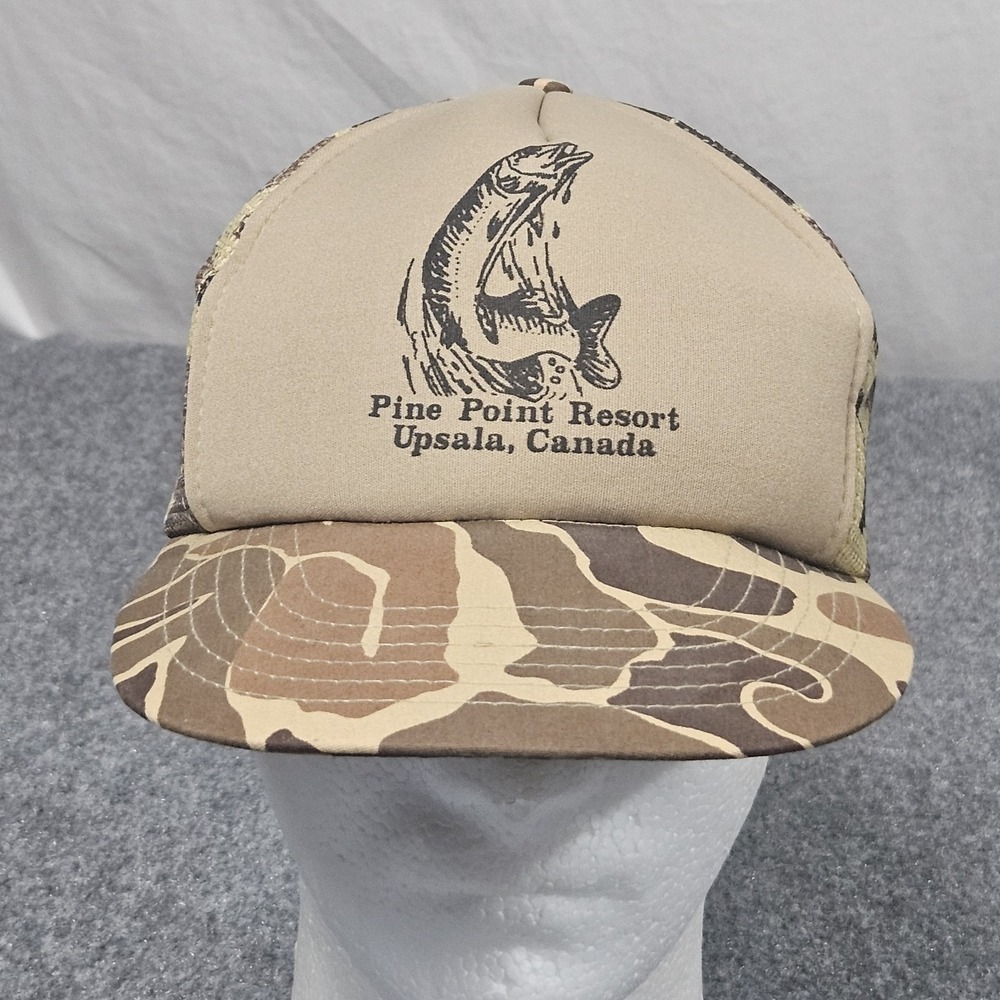 Vintage‎ Pine Point Resort Canada Trucker Hat Camo Tan Fishing Outdoor 90s Cap